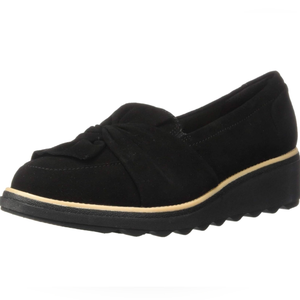 Clarks Women's Sharon Dasher Loafer Black Suede 10 M Closed Toe Wedge 